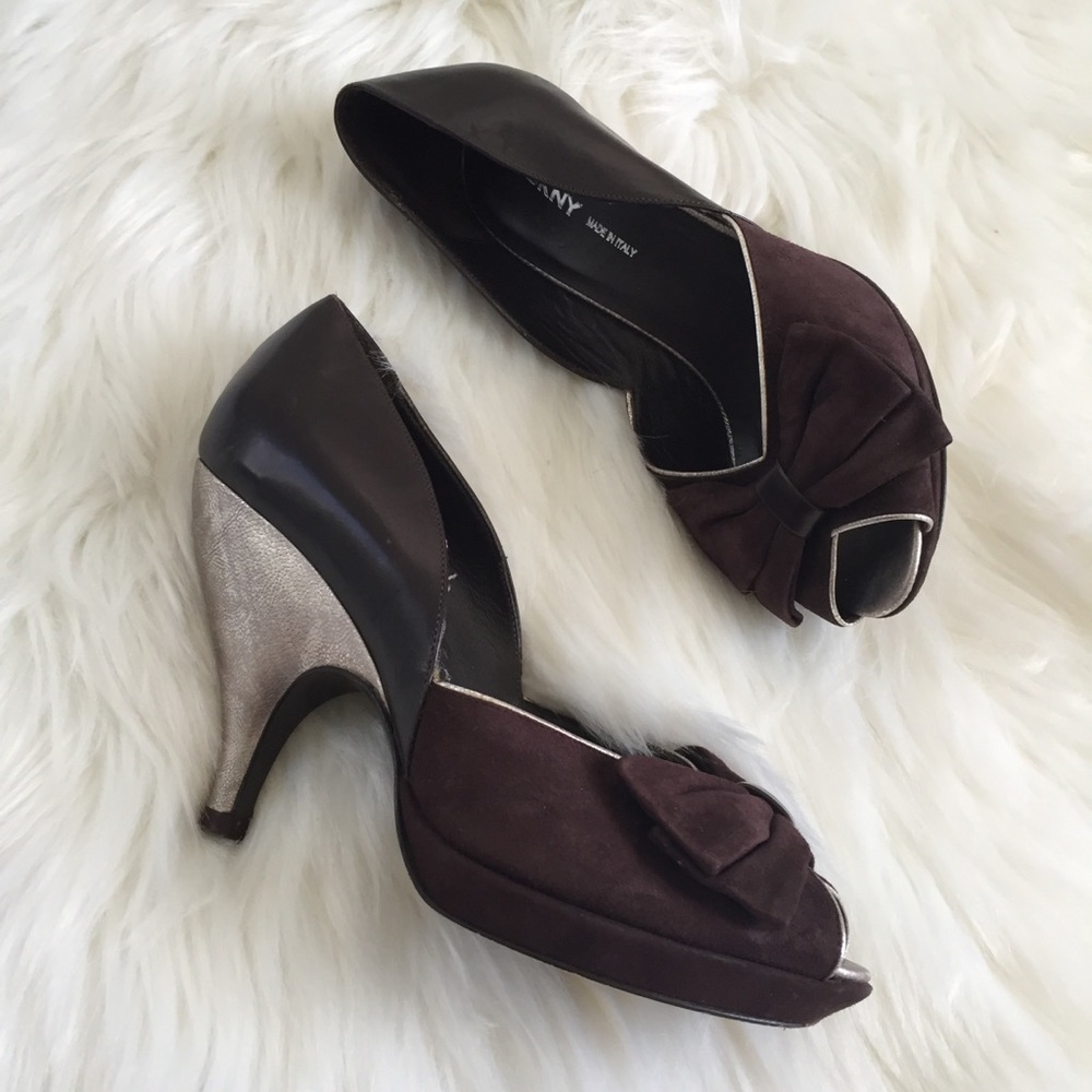DKNY Brown Bow Open Toe Heels Size 5.5